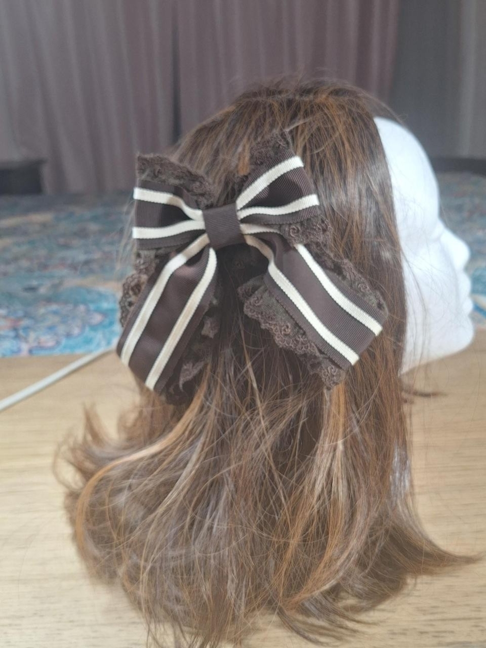 Classic Brown Striped Lace Ribbon Hair Bow Clip